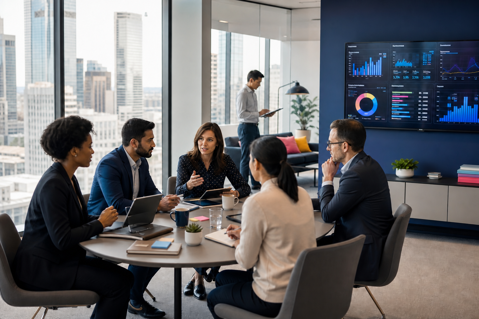 Ledningsgrupp i möte med digitala dashboards och affärsdata på skärm i bakgrunden.